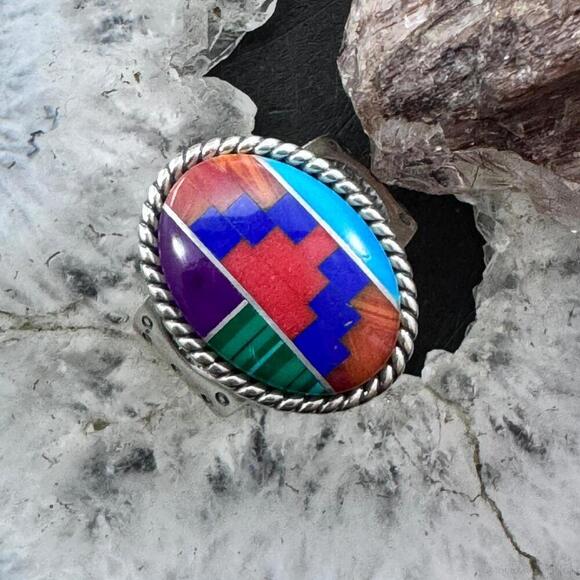 Carolyn Pollack Sterling Silver Oval Multistone Inlay Rug Design Ring Size 7.5 - Picture 1 of 10